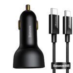 (1471) Automobilinis įkroviklis 12-24V 100W USB + USB-C QC4+ PD3.0 su įtampos, srovės indikacija ir USB-C kabeliu 1m