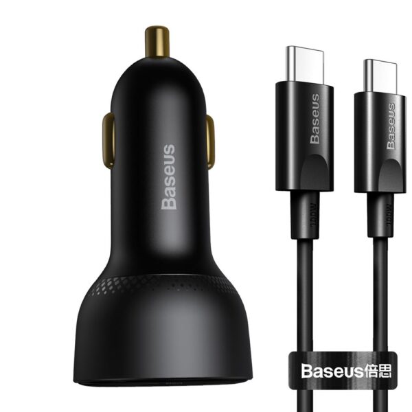 (1471) Automobilinis įkroviklis 12-24V 100W USB + USB-C QC4+ PD3.0 su įtampos, srovės indikacija ir USB-C kabeliu 1m