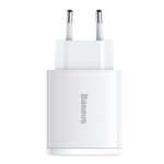 (1451) Sieninis įkroviklis 30W 2xUSB + USB-C QC3.0 PD3.0, baltas