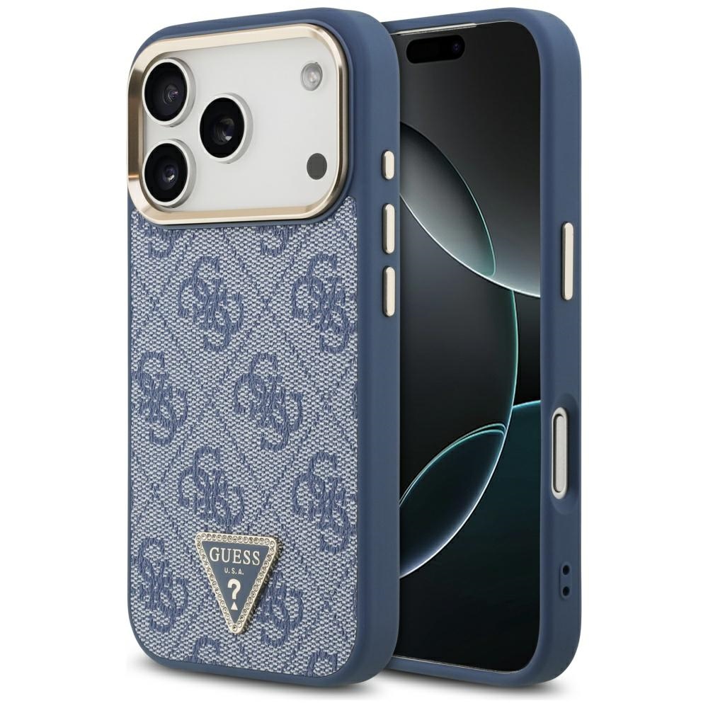 473403_oryg Guess Case Magsafe 4G PU Leather Case With Triangle Logo And Gold Metal Camera Frame For iPhone 17 Pro Blue - Image 1